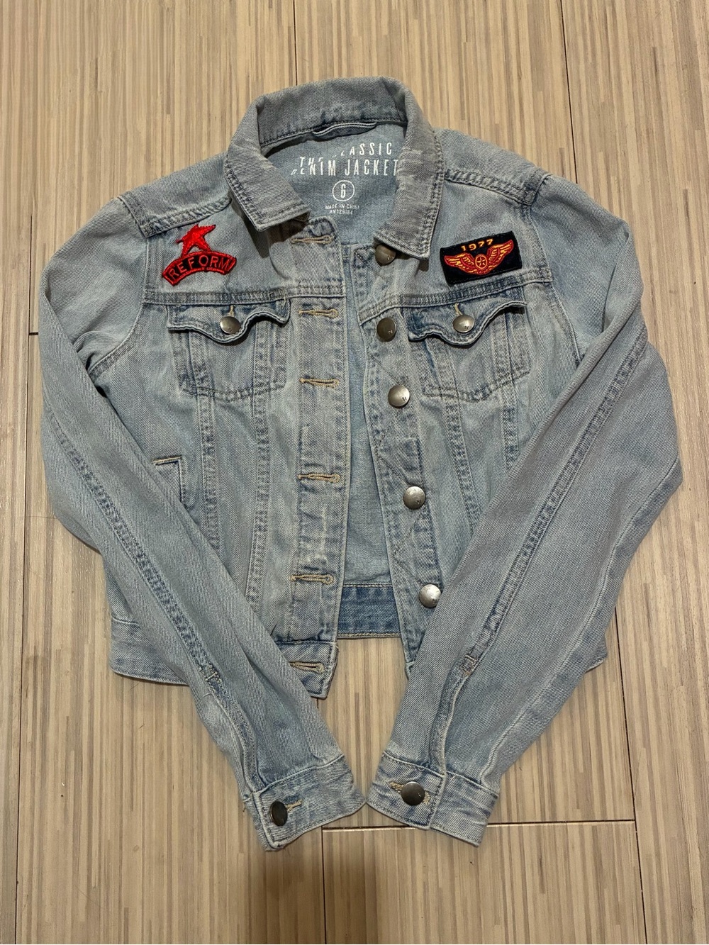 Cotton On Light Blue Denim Jacket with Red Patch Accents